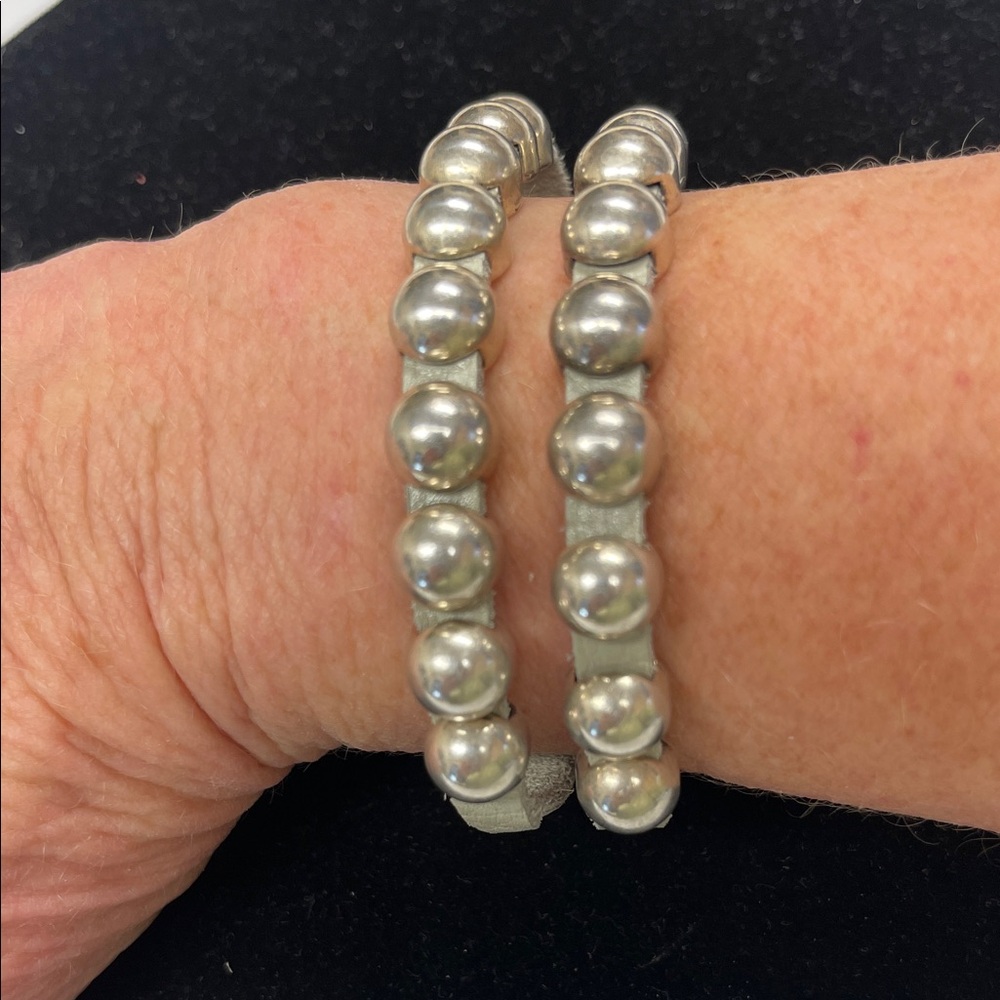 HEET Vintage Industrial Studded Gray Leather Rockstar Bracelet 7” Silver Toned